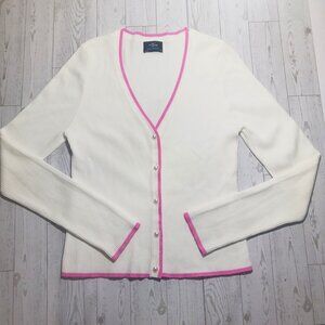 Coquette Ribbed Knit Cardigan – White w/ Pink Trim & Pearl Buttons (Size M)